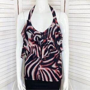 Bebe Printed Silk Chiffon Ruffle Trim Halter Neck Blouse Pink Black XS
